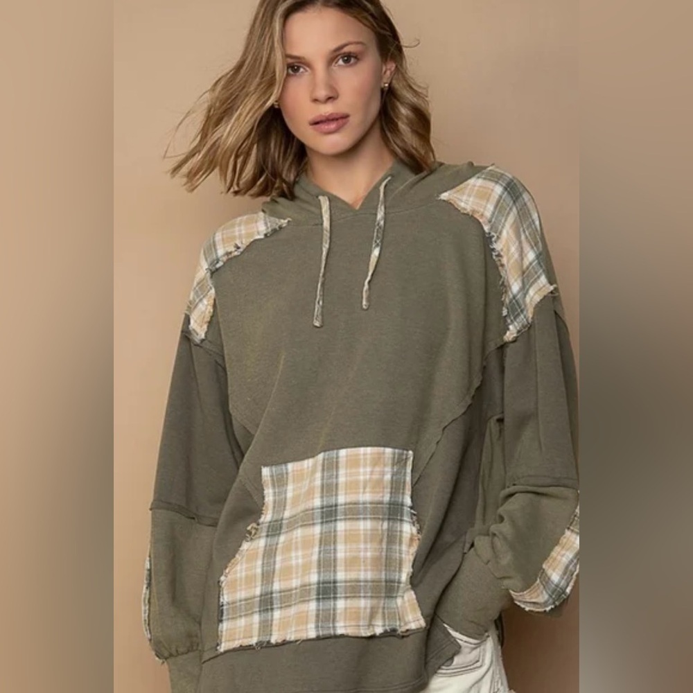 NWOT POL Green Plaid Patchwork Hoodie